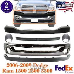 Front Chrome Bumper Replacemen Kit + Fog Bezel For 2006-2009 Dodge Ram 1500-3500