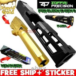 ZAFFIRI ZPS. P BLACK SLIDE For GLOCK 19 GEN 3 WITH SHINY GOLD FLUTED FLUSH BARREL