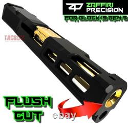 ZAFFIRI ZPS. P BLACK SLIDE For GLOCK 19 GEN 3 WITH SHINY GOLD FLUTED FLUSH BARREL