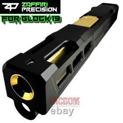 ZAFFIRI ZPS. P BLACK SLIDE For GLOCK 19 GEN 3 WITH SHINY GOLD FLUTED FLUSH BARREL