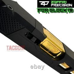 ZAFFIRI ZPS. P BLACK SLIDE For GLOCK 19 GEN 3 WITH SHINY GOLD FLUTED FLUSH BARREL
