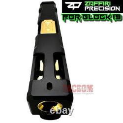 ZAFFIRI ZPS. P BLACK SLIDE For GLOCK 19 GEN 3 WITH SHINY GOLD FLUTED FLUSH BARREL