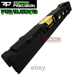 ZAFFIRI ZPS. P BLACK SLIDE For GLOCK 19 GEN 3 WITH SHINY GOLD FLUTED FLUSH BARREL
